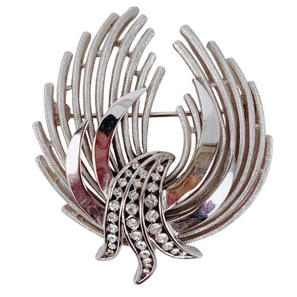 VTG Signed Crown Trifari Silvertone Rhinestone Brooch Mid Century Pin 50s - 60s - Picture 1 of 13